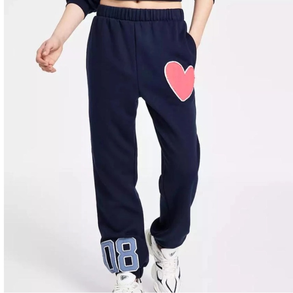 MADDEN GIRL Preppy Fleece Patch Navy Jogger Sweatpants--NWT--S